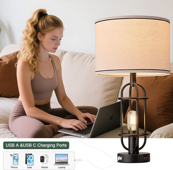 Reaketon Black Table Lamps for Living Room Set of 2, 22.3" Farmhouse Lamps for Nightstand, Industrial Table Lamps for Bedroom with USB Ports, Bulbs Included