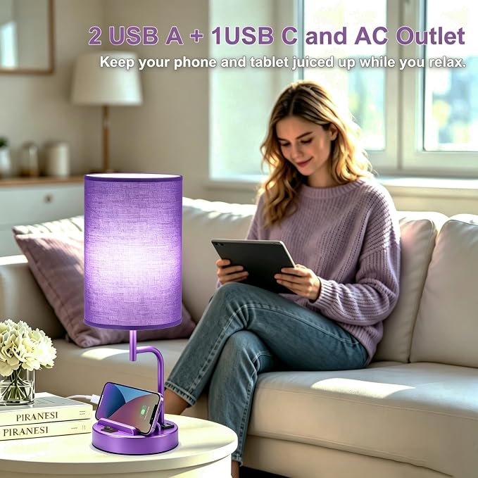 Dreamholder 2 Pack Table Lamp, Bedside Lamp with 3 USB Charging Ports & AC Outlet, USB Desk Lamp with 2 Phone Holders, Linen Fabric Shade Nightstand Lamps for Bedroom Living Room Office, Purple