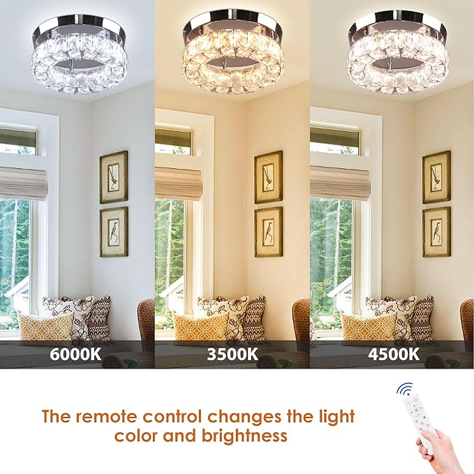 Dimmable Modern Crystal Chandeliers LED Ceiling Light with Remote Flush Mount Small Chandelier for Hallway Foyer Kitchen,Stair,Closet,3 Colors Adjustable,Memory Function