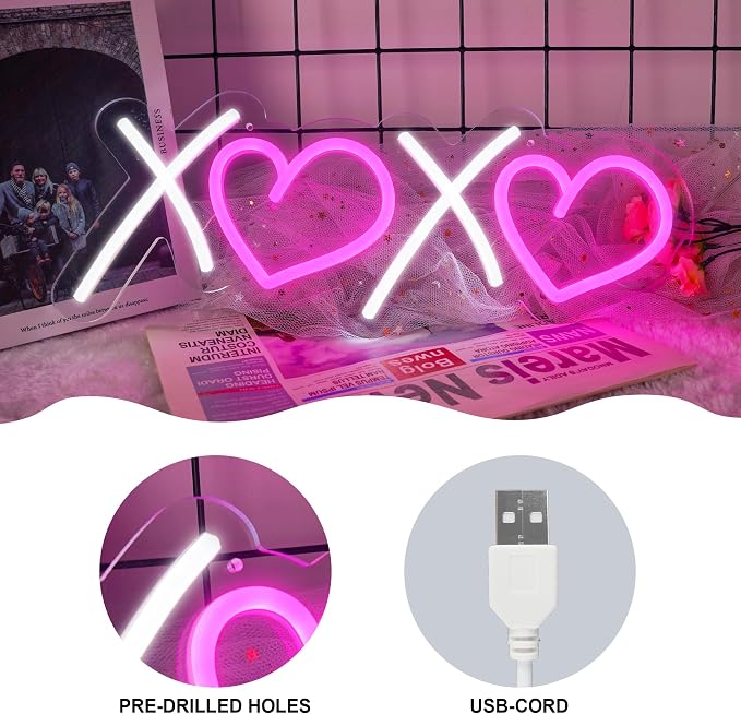 Aslanka XOXO Neon Sign, Led White Pink XOXO Light Sign for Home Decorations, Dimmable USB Powered Neon Sign for Family Bestie Friends Lover Gifts/Night Light, Party Bar Club Prom Décor