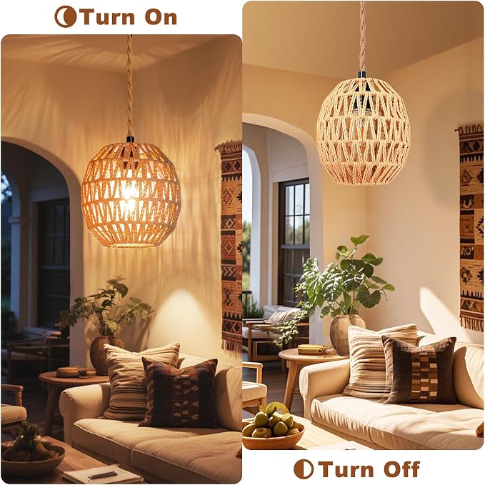 Maliralt Hanging Lamps Rattan Pendant Light Hanging Lights 16.4ft Plug in Cord Pendant Light Fixture Plug Into Wall Outlet Pendant Lighting with On Off Switch for Bedroom Living (Egg Shade)