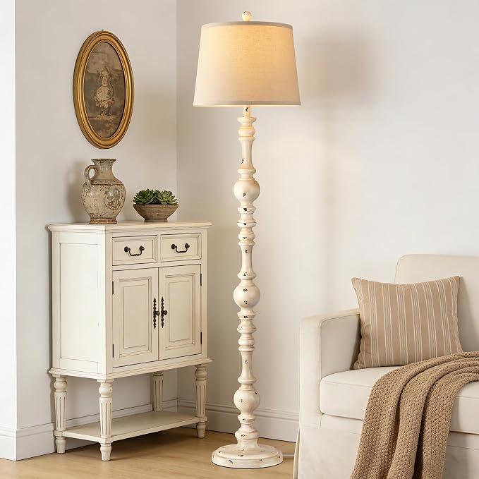 QiMH 61" Vintage Floor Lamp for Living Room, Farmhouse Lamps, Shabby White | Rustic Tall Lamp for Bedroom, Linen Lampshade, Rotary Switch, Sturdy Base, Home Decor