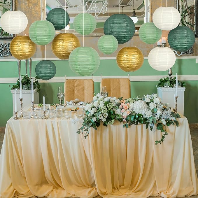 21-Pack Sage Green Paper Lanterns, Gold Round Hanging Decorations | Set for Graduation, Wedding, Bridal Shower, Birthday, Neutral Baby Celebration & Classroom Decor, 4/6/8/10 Inches