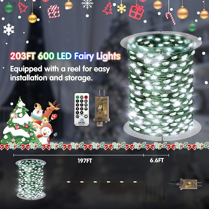 KNONEW 203FT 600LED Green Wire Outdoor Fairy Lights Plug in Cool White Xmas | Timer,Memory,Dimmable,Remote,Waterproof,Green Wire,Invisible in Greenery,for Garden,Wedding,Party, Indoor/Outdoor, Christmas