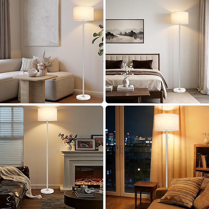 Brushed Nickel Floor Lamp for Living Room,Modern Standing Lamp with Marble Base,Tall Standing Lamp with Stepless Dimming & Linen Shade,Floor Lamp for Bedroom, Reading,Office,LED Bulb Included