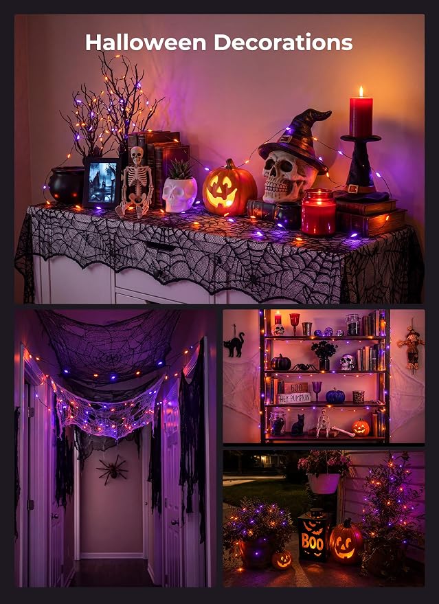 Halloween Fairy Lights Plug in, 33Ft 100 LED USB Twinkle String Lights with Remote and Timer, Waterproof 8 Modes for Home Party Haunted House Indoor Outdoor Halloween Decorations, Orange & Purple