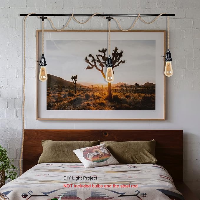 3 Light Plug in Pendant Lights Cord Hanging Lamp Kit | 22 Ft Long Hemp Rope Farmhouse Pndant Light Cord Lighting Fixture Kits DIY Hanging Light