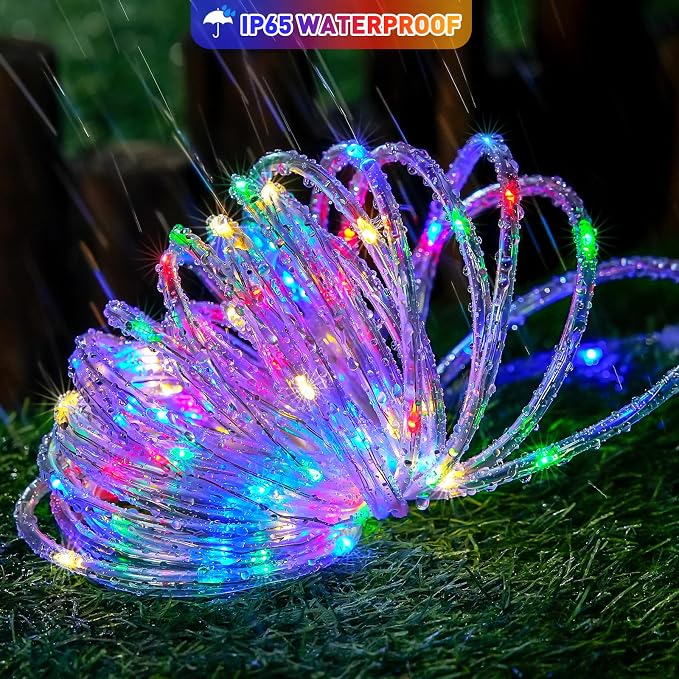JMEXSUSS 2 Pack 100 LED Solar Rope Lights Outdoor, Multicolor Tube Lights | 33ft, IP65 Waterproof, 8 Modes, PVC Tube, Outdoor, Trampoline Lights For Fence Walkway Path Trampoline Christmas Decor