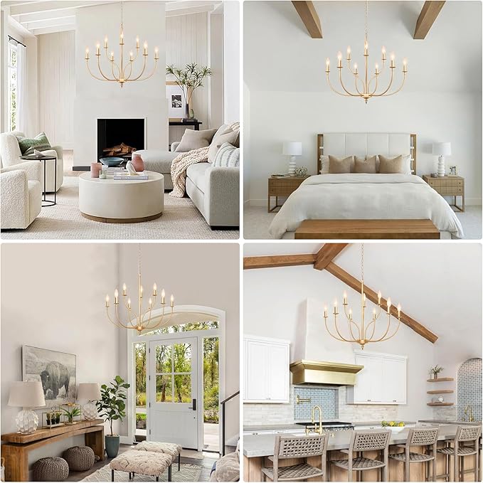 Gold Chandelier, 9-Light Gold Farmhouse Chandelier, 2-Tier Candle Modern Farmhouse Chandeliers for Dining Room Living Room Bedroom Foyer