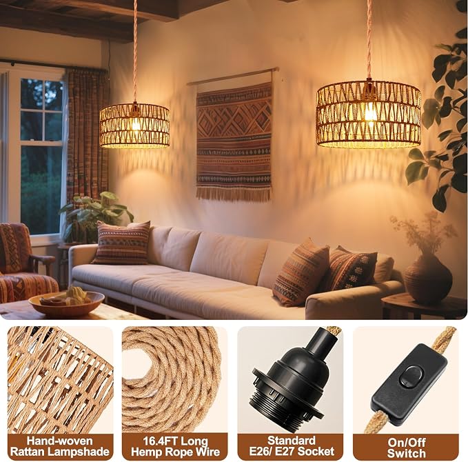 Maliralt Hanging Lamps Rattan Pendant Light Hanging Lights 16.4ft Plug in Cord Pendant Light Fixture Plug Into Wall Outlet Pendant Lighting with On Off Switch for Bedroom Living (Cylindrical Shade)