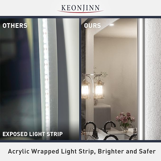 Keonjinn LED Mirror for Bathroom 72 x 30 Inch, Backlit Mirror Bathroom Oversize, Stepless Dimmable Wall Mirrors with Anti-Fog, CRI90+ HD Tempered Glass, Horizontal/Vertical Mounting for Vanity