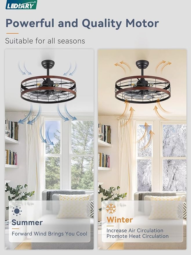 LEDIARY 22 inch Caged Fandelier Ceiling Fan Light with Remote, Walnut | 6 Speed Adjustable,Timing, Quiet & Powerful DC, Small, Farmhouse, Industrial, Enclosed, Bladeless, Bedroom, Kitchen, Downrod