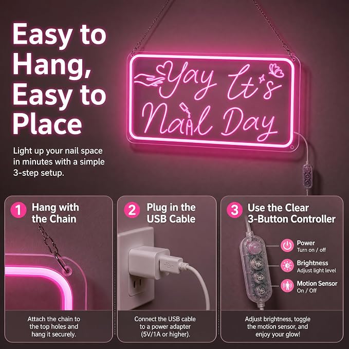 Pink Neon Sign, Yay It's Nail Day LED Neon Light Sign with Motion Sensor & 3-Key Dimmable Mode, USB Powered Neon Signs for Wall Decor, Nail Salon Decor, Nail Room Decor, Teen Girl Room Decor, Stylish Nail Tech Gifts for Women