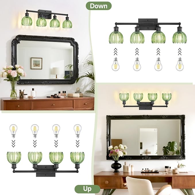 Vanity Lighting Fixtures,4 Light Bathroom Vanity Light,Black Bathroom Light Fixtures Over Mirror,27.2 in Vintage Sconce with Green Tulip Glass Shade for Bedroom,Dressing Table, E26 Base