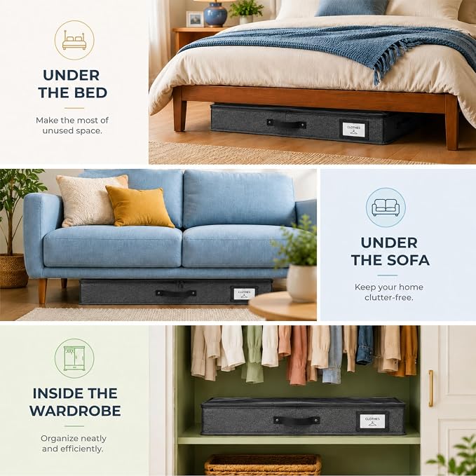Under Bed Storage, Low Profile 2pc with Lid, Dark Gray | Slim fit for low-clearance beds & couches, Fits seasonal clothes, blankets & shoes, Bins with lids, Space-saving storage