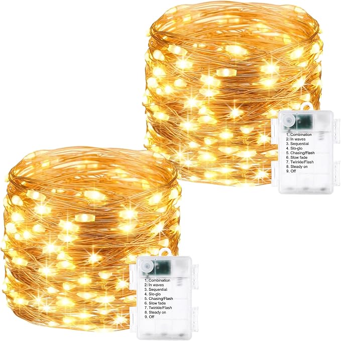 Warm White Fairy Lights Battery Operated - 2 Pack 16.4ft 50 LED | Starry Fairy Lights , 8 Modes Waterproof with Timer for Indoor Outdoor Bedroom Party Holiday Christmas Decor, Copper Wire