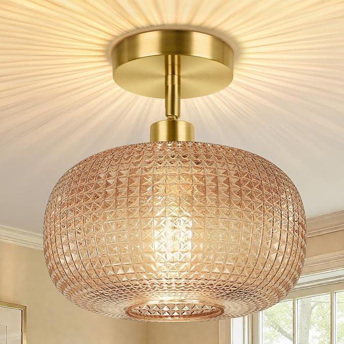 ROTTOGOON Semi Flush Mount Ceiling Light, Adjustable Hanging Gold Sloped Ceiling Lights with Amber Glass Shade Modern Hallway Light Fixtures for Kitchen Bathroom Entryway Bedroom (Bulb Not Included)