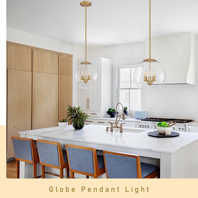 14" Globe Pendant Light Contemporary Globe Pendant Lights Kitchen Island 3 Light Gold Mid Century Pendant Light Clear Glass with Brass Finish Adjustable Hanging Light Fixture for Dining Room