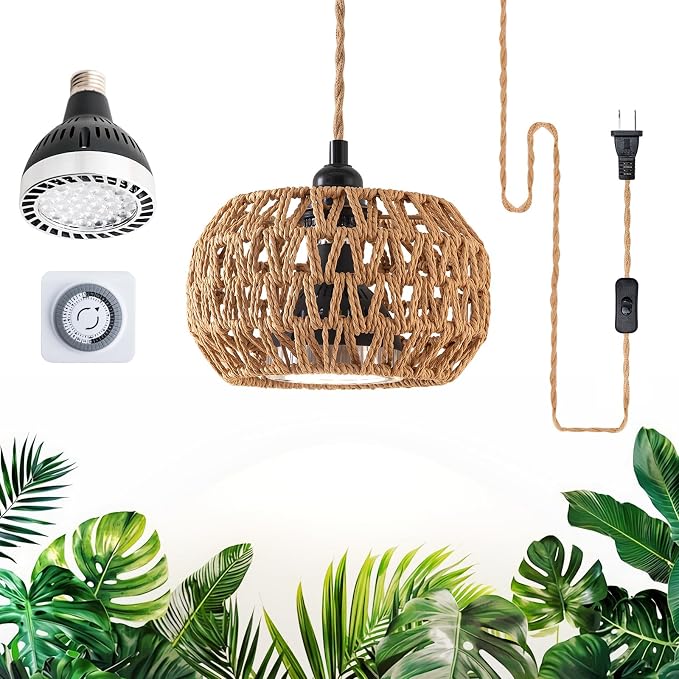 Hanging Grow Light, 30W LED Lamp with Timer for Indoor Plants | 4000K LED plant lamp with 15 ft cord, outlet timer, and boho paper rope shade for succulents, herbs, and low-light rooms.