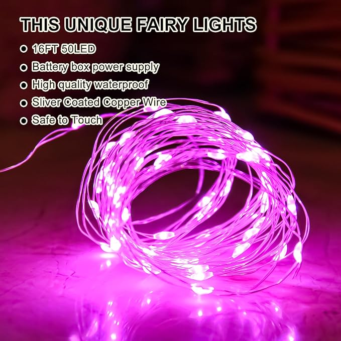 Pink Fairy Lights Battery Operated (Included), 8 Modes & Auto timer, 2 Packs 5m 50Led Mini Twinkle Silver Wire Firefly Starry lights,Waterproof Battery Operated Lights for Tree Bottle Weddings