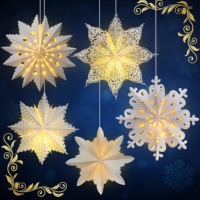 Mudder 5 Pieces Large Christmas Snowflake Paper Lantern with 7 Light 23.6/17.7 Inch Star Paper 3D Hanging Lantern Lamp Party Decoration for Weddings Holiday Xmas Trees(Fresh Style,White)