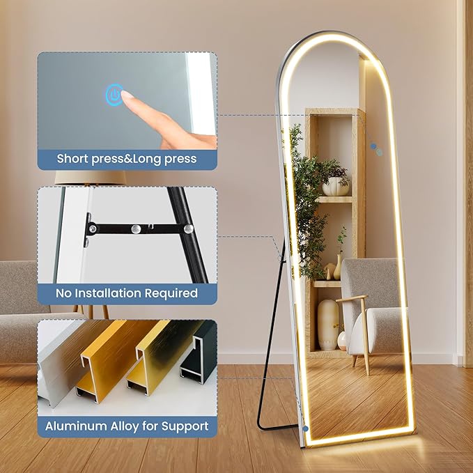DUMOS Arched Full Length Mirror with Light - 20"×63" LED Floor Standing Mirror with 3 Color Lights & Wall Mounted for Bedroom, Dressing Room, Living Room, Bathroom