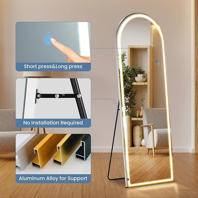 21"x64" Arched LED Full Length Mirror with Stand, Full Body Mirror | LED Lights 3 Color Lighting, Wall Hanging or Leaning, Floor Standing, Modern Simple Home Wall Decor