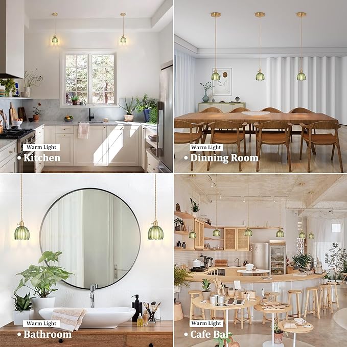 Pendant Light 2 Pack with Green Tulip Glass Lmapshade, Brass Vintage Pendant Light Adjustable Hanging Light for Kitchen Island Dining Room Hallway