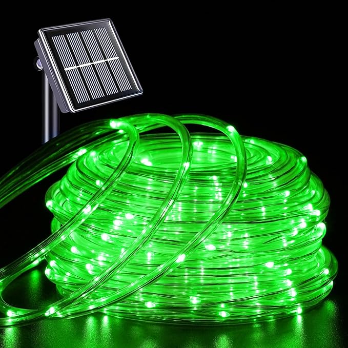 YEGUO Solar Rope Light Outdoor Waterproof, 66ft 200 LED Green String Lights, 8 Modes Tube Christmas Lights in Clear Thin Tube