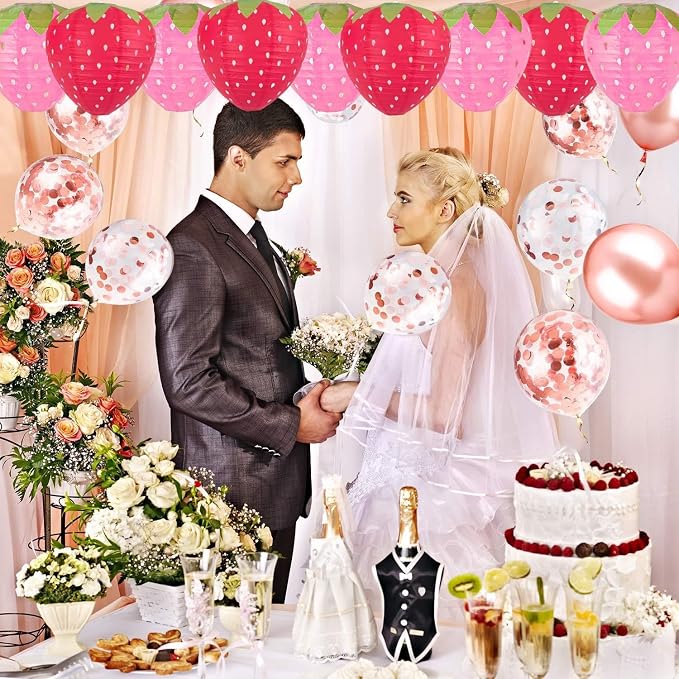 6PCS Strawberry Paper Lanterns, Strawberry Hanging Paper Lantern Decorations Strawberry Decoration Hanging for Room Birthday Party Wedding Garden Decor - 8 Inch, Red&Pink