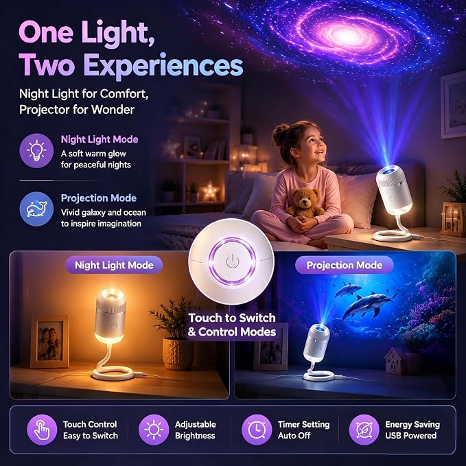 HD Smart Dynamic 5D Holographic Night Light Projector, 2-in-1 HD Plug and Play Galaxy Projector Portable Night Light Projector 360 Rotating USB Powered with 24 Films for Bedroom (3 Films)