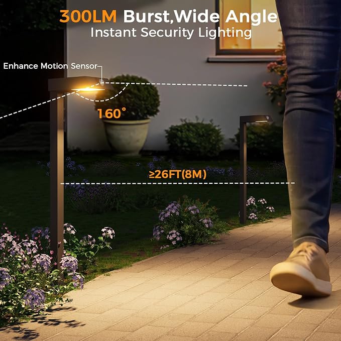 XMCOSY+ Solar Pathway Lights, 8 Pack Metal Motion Sensor Outdoor Lights | 300LM Bright Landscape Light, All-Night Lighting, Waterproof Solar Garden Light for Yard, Driveway & Walkway, Warm/Cool White