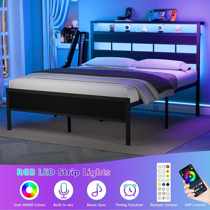Queen Bed Frame with Storage Headboard and LED Lights, Black Oak | Heavy Duty Metal Slats Support, 2-Tier Wood Shelf, Charging Station:USB & Type-C Ports,Noise-Free,No Box Spring,Easy Assembly