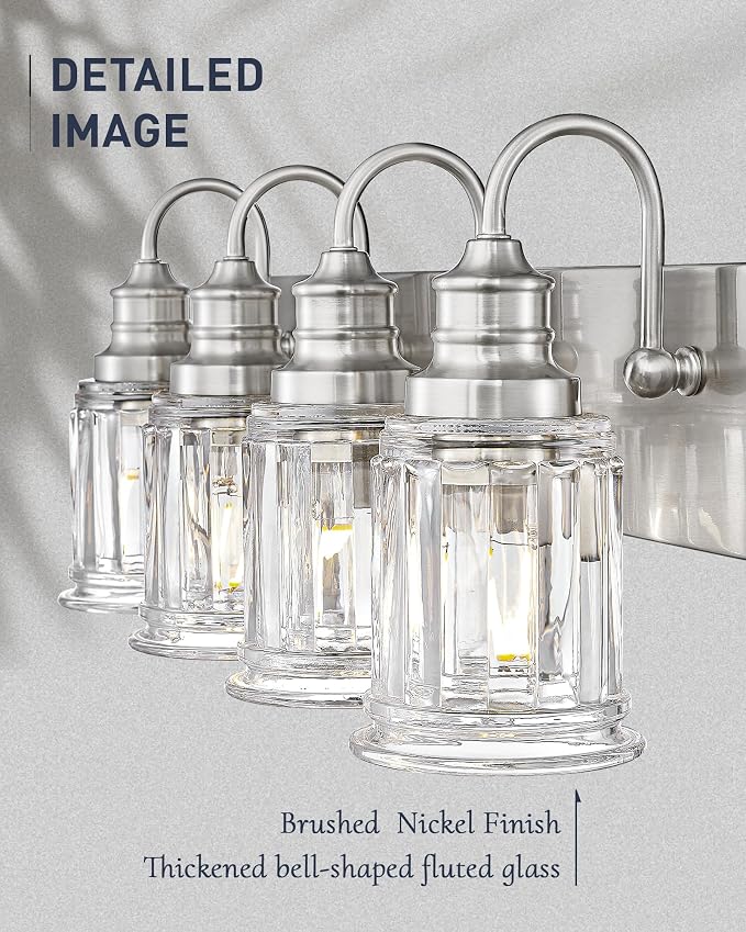 Brushed Nickel Bathroom Light, HWH 4-Light Vanity Lights for Bathroom Vanity Sconce Over Mirror, Wall Mounted Light Fixtures with Bell-Shaped Striped Glass, 5HZG106B-4W BN