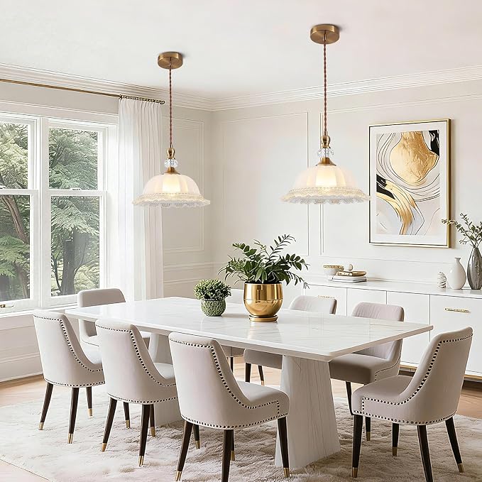 10.6" Milk Glass Vintage Pendant Light for Kitchen Island | Antique Brass Gold, Small Pendant Light, Adjustable Hanging Height Fixture, for Dining Room Hallway Bedroom