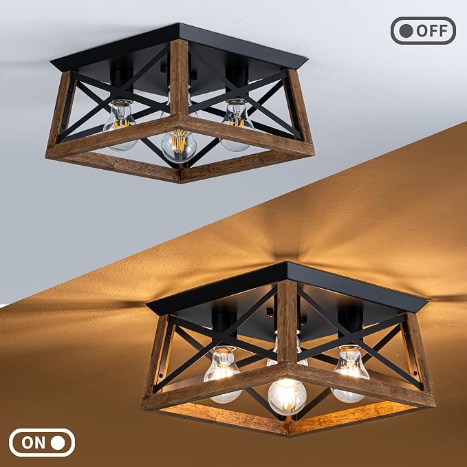 4-Light Famrhouse Light Fixture, Rustic Ceiling Light with Wood and Metal Frame, Farmhouse Flush Mount Ceiling Light for Hallway, Entryway, Bedroom, Kitchen, Living Room