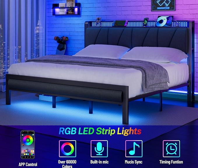 King Size Bed Frame with Storage Shelf and Upholstered Headboard | Metal Platform Bed with LED Light, Charging Station and Heavy Duty Slats, No Box Spring Needed, Noise Free & Easy Assembly