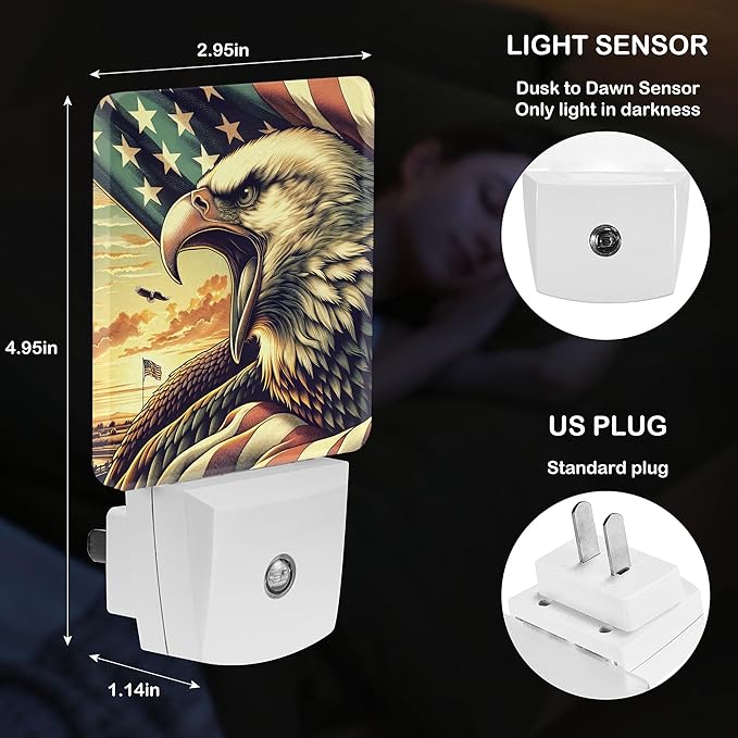 LED Night Light Lamp with Smart Sensor Dusk to Dawn Sensor,Patriotic Bald Eagle With Beak Open Backdrop Of American Flag On Pole Under Sunset Sky Night Light Daylight White,0.5W Plug-into Wall