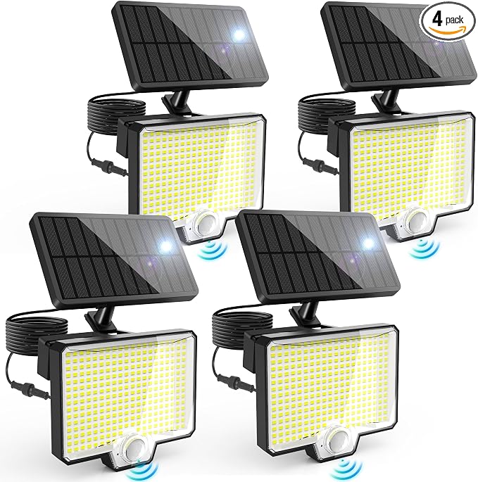 Split Solar Motion Sensor Outdoor Lights, Flood Lights Waterproof, 4 Packs | AUDERWIN 294 LED, 2600Lm, Angle Adjustable Solar Powered Security Spot Lights for Porch Patio Yard Garage Fence Garden