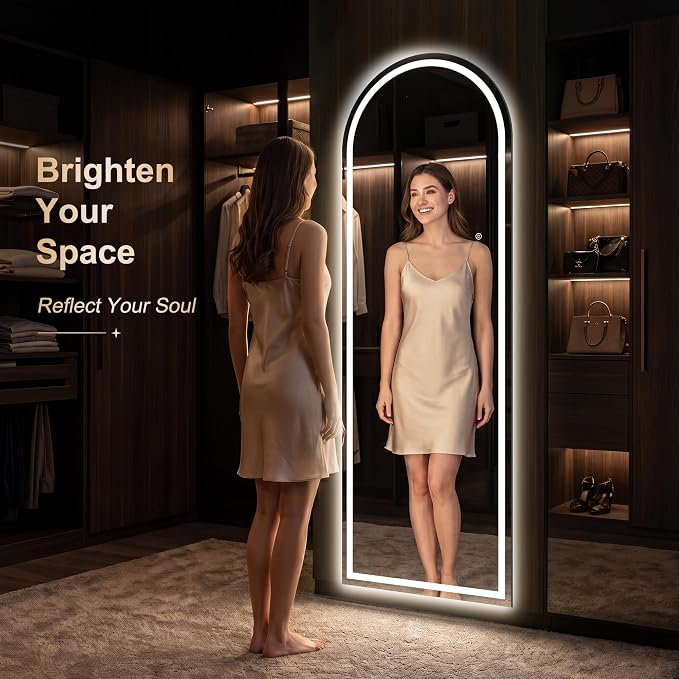 LED Arched Full Length Mirror, 70"x24" Full Body Mirror with Lights, Dimmable & 3 Color Lighting, Standing/Leaning/Wall Mounted Vanity Mirror for Bedroom, Dressing Room, Living Room