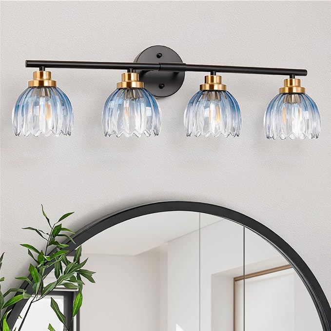 TALOYA Black Gold 4-Light Bathroom Vanity Light with Blue Tulip Glass Shade | Modern Vanity Lighting Fixtures, Bathroom Lights Over Mirror, Wall Mount Mirror Light Fixtures for Bathroom Hallway Bedroom