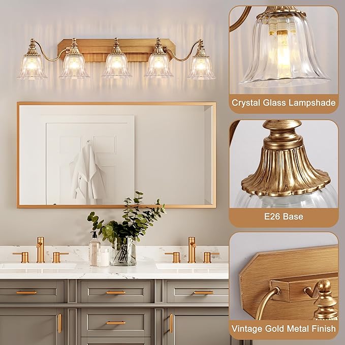 Gold Vintage Bathroom Light Fixtures, 5-Lights Bathroom Vanity Light, Antique Brushed Gold Lighting Fixtures Over Mirror with Crystal Glass Shade, Wall Sconce Lighting