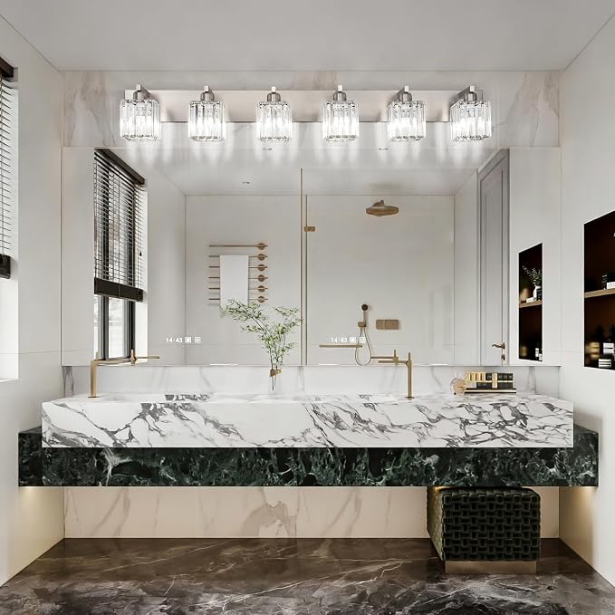 Aipsun Brushed Nickel Bathroom Light Fixtures 6 Light Vanity Lighting Fixture Crystal Modern Bathroom Vanity Light (Exclude Bulb)