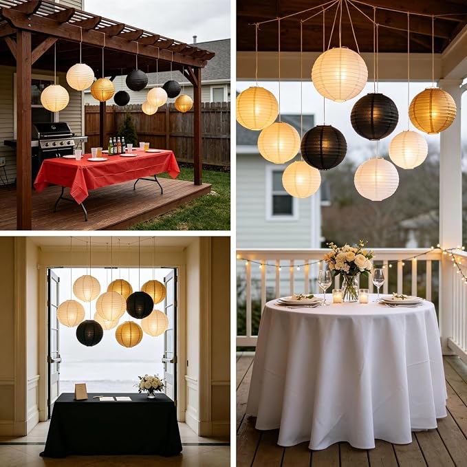 Cream Black Gold Chinese Paper Lanterns with LED, 10-Pack 12inch | Hanging Lights for Engagement Party, Modern Wedding, Anniversary, Birthday Decorations & Art Deco Party