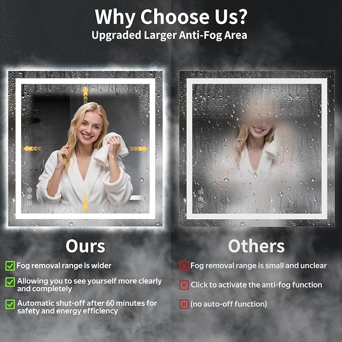 40"x40" LED Bathroom Mirror with Lights, Backlit+Frontlit, Anti-Fog | CRI 95, Stepless Dimmable, 3 Colors Lighting, Shatterproof Tempered Glass, HD Reflection, Memory, (Horizontal/Vertical)