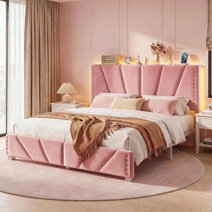 EnHomee Queen Bed Frame with LED Lights & USB, Noise-Free, Pink | Adjustable Velvet Headboard，Under-Bed Storage，Heavy Duty Support with 12 Slats，No Box Spring Needed，Easy Assembly for Bedroom