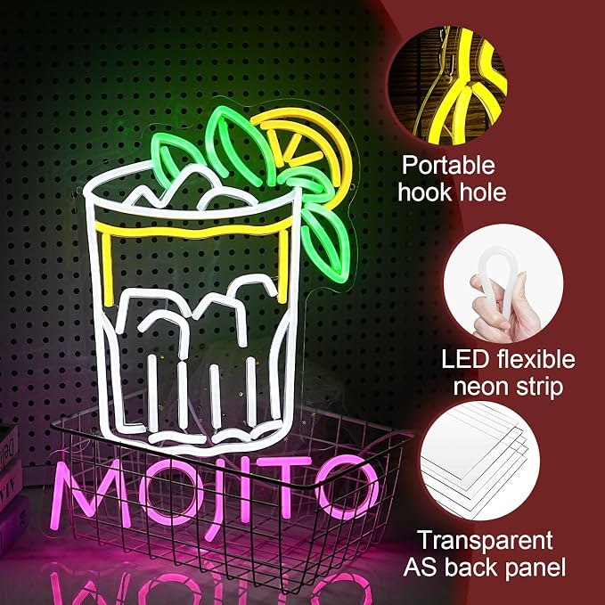 Mojito Neon Sign Mojito Cocktail Neon Light for Wall Decor Dimmable LED USB Powered Mojito Light Up Sign for Bar Club Party Home Bar Man Cave Living Room （16.7 * 12.8In）