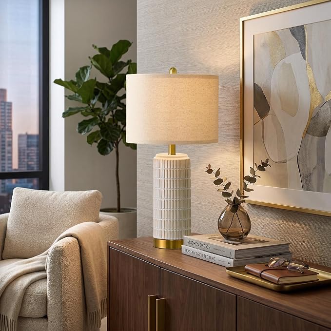 PoKat 25'' Modern Table Lamps Set of 2 for Living Room with Gold Base, White Farmhouse Bedside Lamps for Bedroom, Nightstand Lamps for Office End Table Hallway Home Decor Gift, Beige and White