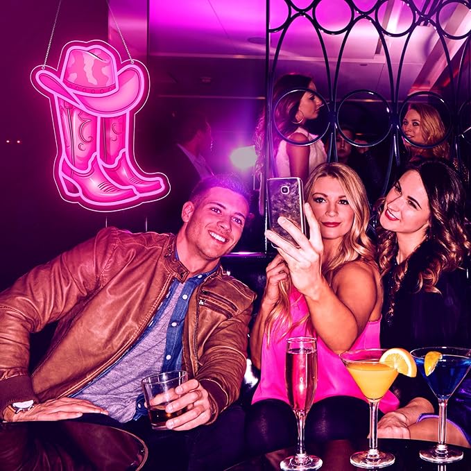 Pink Cowgirl Boot Neon Signs for Wall Decor, Led Cowboy Hat Light Up Sign, Dimmable Pink Neon Light for Girls Room Bedroom Teen Dorm Party Aesthetic Western Decor Gifts