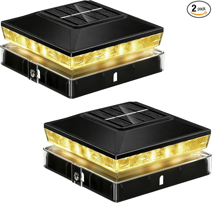 Solar Post Cap Lights 2 Pack, Post Lights for 4x4 Wood/Vinyl Posts | 3.5x3.5/4x4 Fence Post Solar Lights, IP65 Waterproof, 10-12H Upgraded Warm/Cool White Glow for Garden/Patio/Porch - Black
